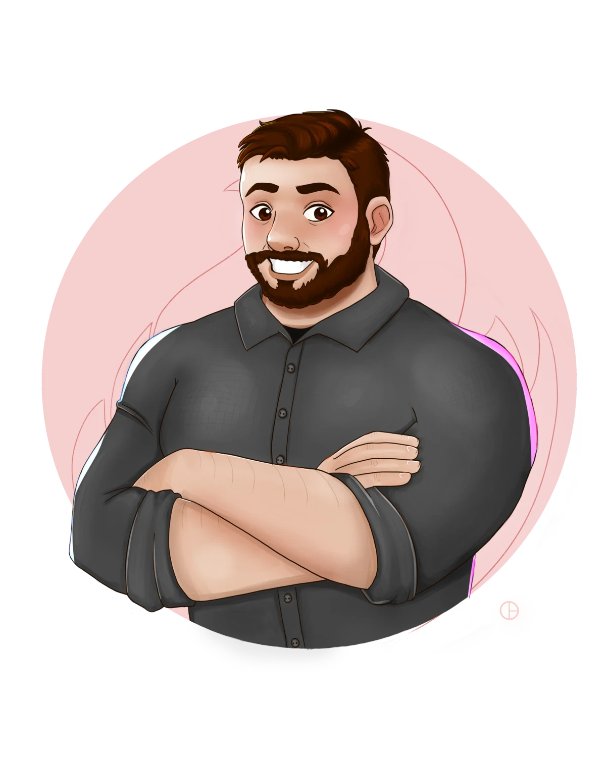Illustrated portrait of John Venice — a bearded man in a dark button-up shirt, arms folded, smiling, on a soft pink disc.