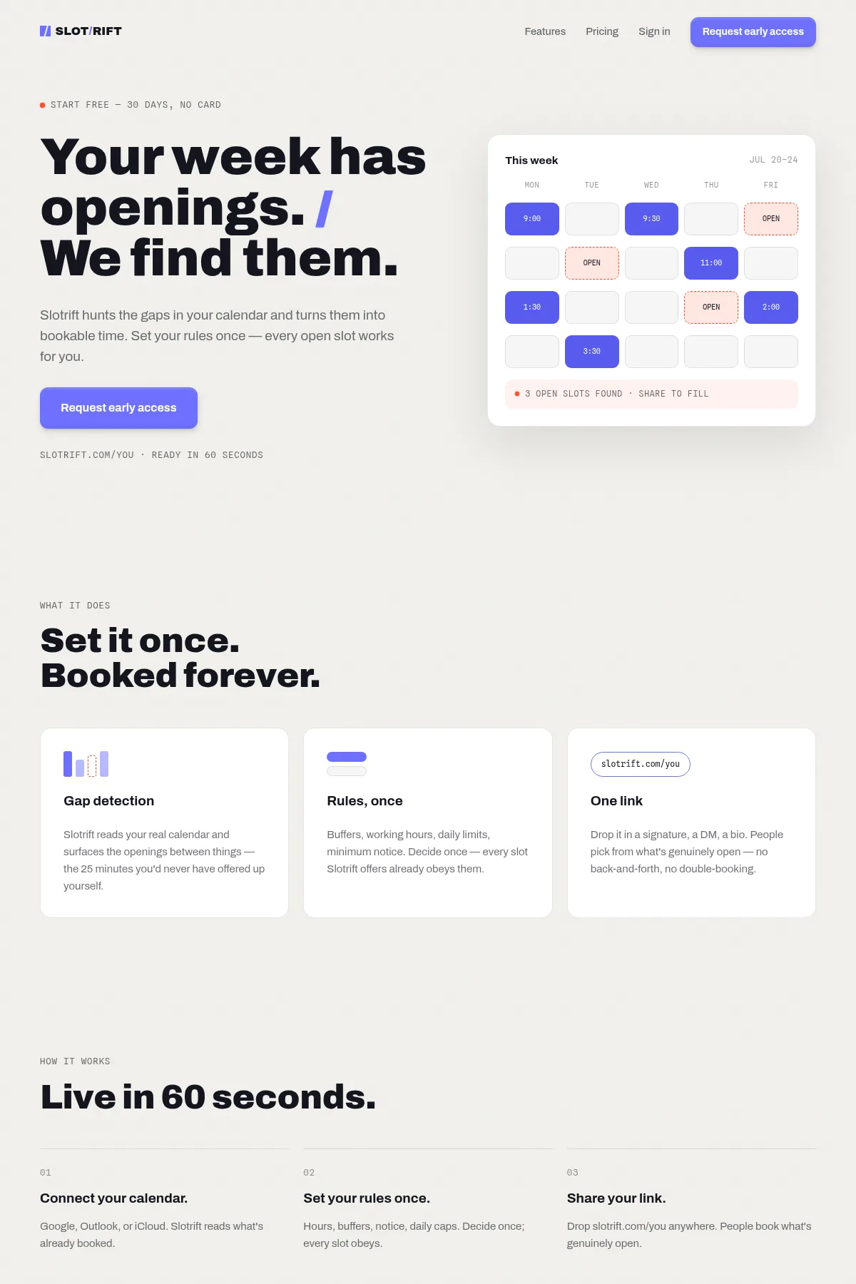 The Slotrift product page: “Your week has openings. We find them.” above a weekly calendar view and sections explaining gap detection and booking rules.