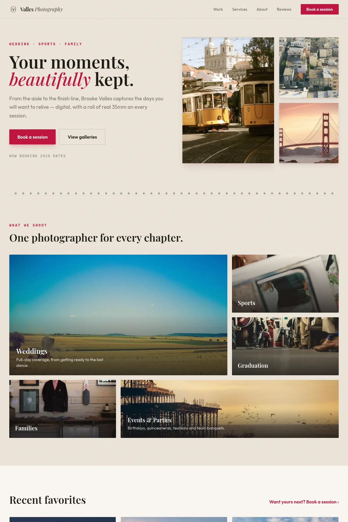 The Valles Photography home page: serif headline “Your moments, beautifully kept.” on a warm cream layout, above a gallery of session categories.