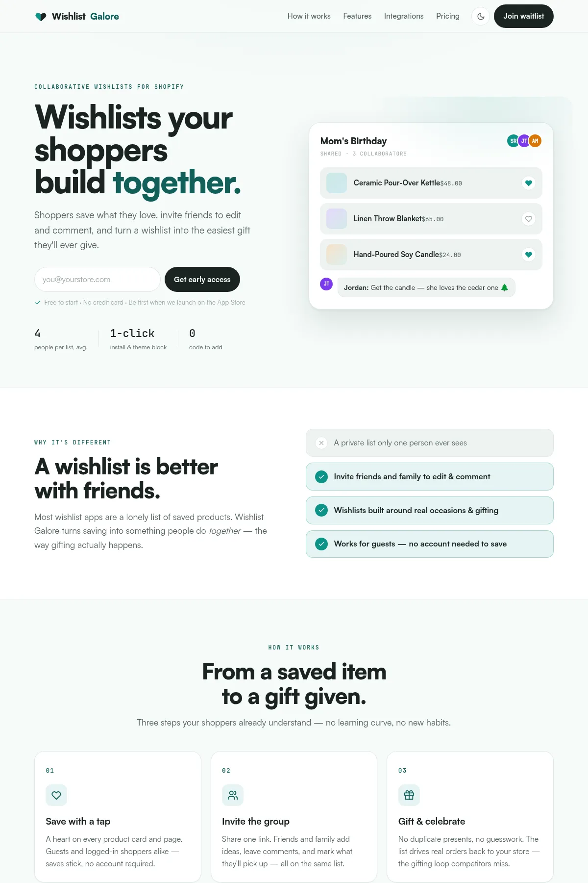 The Wishlist Galore home page: “Wishlists your shoppers build together.” over a light layout with an early-access sign-up, product stats, and a shared-wishlist walkthrough.